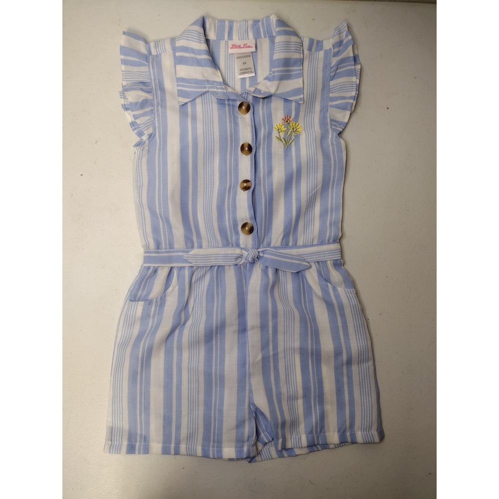 Little Lass Girls Blue White Striped Ruffle Sleeve Floral Romper Size 6X